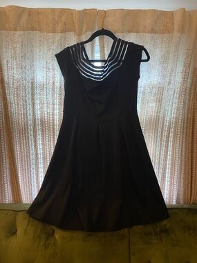 Women's Black Fit-and-Flare Dress with Strappy Jewel Neckline